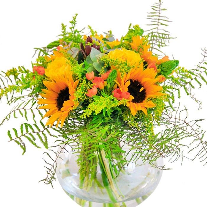 A generous, sunlit bouquet springs to life within a glass vase, showcasing Pimlico's unique take on floral artistry. Towering sunflowers-golden and proud-anchor the arrangement, their dark brown centers like sun-dappled pathways leading to the markets around Warwick Way. Woven among them, rosettes of buttery yellow garden roses bloom in elegant spirals, their petals soft and inviting. The boldness of the yellows is both softened and enlivened by fresh green foliage: cascading ferns and sprigs of goldenrod bring a wild, breezy movement reminiscent of an afternoon wandering through the local squares. Ruby-red hypericum berries glint among the leaves, their sheen a playful nod to Pimlico's bright window boxes. Threaded throughout are subtle silvery eucalyptus leaves, lending the design a touch of cool serenity. All this beauty is grounded by the transparency of a round glass vase, where neat stems crisscross in water, speaking to both purity and intentionality. Ideal for marking special moments, expressing appreciation, or bringing Pimlico's summer energy into any home, this bouquet is designed for joyful occasions and everyday uplift alike-a vivid reminder of nature's exuberance nestled in SW1.