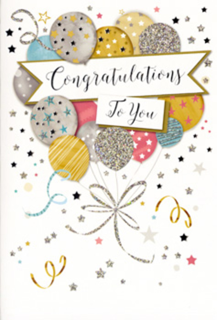 The congratulations card portrayed here feels like a snapshot of celebration suspended mid-air, much like that moment of shared delight after good news circulates through Pimlico's close-knit streets. At its core, a lush cluster of illustrated balloons lifts gently upwards, overlapping and nestled together to form a full, rounded bouquet of colour and shine. The balloons are dressed in a refined palette: gleaming gold and silver sit alongside champagne tones, soft sky blue, tender blush pink, and a muted grey, each carefully shaded to give the illusion of smooth, reflective surfaces. Subtle decorations adorn each balloon-delicate stripes, clusters of tiny stars, and specks of glitter-suggesting the tactile richness of embossed or foiled card. From the base of the bouquet, fine ribbons in metallic gold and silver fall in elegant curls, evoking the trailing ribbons used to finish a hand-crafted arrangement from a local Pimlico florist. A wide banner unfurls through the centre of the design, gracefully displaying the words Congratulations To You in classic calligraphy, the sort of lettering that feels both personal and timeless, as though it were written just for the recipient. Around this focal point, the background remains soft and uncluttered, dusted with scattered stars, looping swirls, and tiny confetti-like dots that drift across the space like the last notes of laughter at an intimate celebration near Lupus Street or around the garden squares. The overall impression is one of polished joy and heartfelt admiration, the kind of card that would sit perfectly beside congratulatory flowers delivered throughout Pimlico to honour graduations, new jobs, promotions, or any milestone worthy of an elegant, sparkling tribute.
