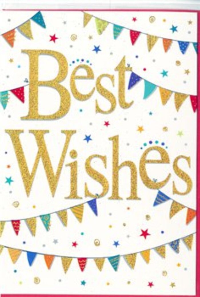 The card in this image presents a joyful yet polished congratulations design, reminiscent of a charming Pimlico street party captured in still form. At its heart, the words Best Wishes flow elegantly across the centre in luxurious golden script. The letters are slightly raised and sprinkled with fine glitter, giving a tactile impression of texture and depth, as if the gold has been carefully layered onto the card. The script is graceful but strong, suggesting warm encouragement and genuine pride. Framing this central message, curved rows of bunting run along the top and bottom edges, creating soft arcs that draw the eye inward. Each small triangular flag is a burst of colour-bold blues, bright reds, fresh greens, sunshine yellows, and softer pinks-individually decorated with subtle dots, lines, or tiny geometric details. They evoke the look of festive decorations strung between elegant townhouses near Eccleston Square or along a balcony close to Pimlico station. Scattered within the spaces between the bunting and text, tiny stars and round confetti dots in gold and complementary colours float lightly across the white background. Their placement avoids rigid symmetry, creating a gentle sense of random, happy movement, as though the card has caught that magical moment when confetti is suspended mid-air. The generous white space around these elements allows the design to breathe, maintaining a feel of sophistication while still bursting with colour and joy. This card would be ideal for sending heartfelt congratulations on a new role in Victoria, celebrating a promotion, or marking personal achievements, especially when paired with fresh, handcrafted flowers delivered across Pimlico. It offers a simple yet radiant visual expression of shared happiness and hopeful good wishes.
