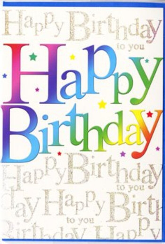 In this image, a lavishly designed birthday card takes centre stage, radiating a sense of carefully planned celebration that matches the character of Pimlico's quiet, elegant streets. The main focus is the large, friendly lettering of the phrase Happy Birthday, which stretches across the card in a welcoming arc. Each letter is filled with a softened, airbrushed gradient, beginning in deep, festive reds and berry pinks, moving through mid-tone violets and rich cobalt, then flowing into teal, verdant green, and ending in buttery yellow and pale gold. The transition between colours is seamless and velvety, like light washing across a row of colourful townhouses near Warwick Square. The letters have a slight rounded thickness to them, with delicate highlights and shadows that suggest a raised, almost tactile surface. Surrounding this vibrant focal point, the background is an understated ivory or pale cream that has been carefully overlaid with repeated lines of cursive gold script reading Happy Birthday to you. The writing is fine and looping, giving the effect of a continuous, handwritten chorus, and the metallic ink glints gently whenever it catches the light, reminiscent of evening reflections in nearby shop windows along Wilton Road. Tiny stars and confetti-inspired dots, scattered throughout in coordinating rainbow shades, add a sense of joy and spontaneity, as if they've just settled after a burst of celebration. The overall composition feels joyful yet refined, balancing bold colour with shimmering detail. It is easy to imagine this card being chosen alongside a hand-tied bouquet from Flowers Pimlico, then delivered the same day to a home or office in SW1, ready to bring a vivid, heartfelt note of birthday cheer.