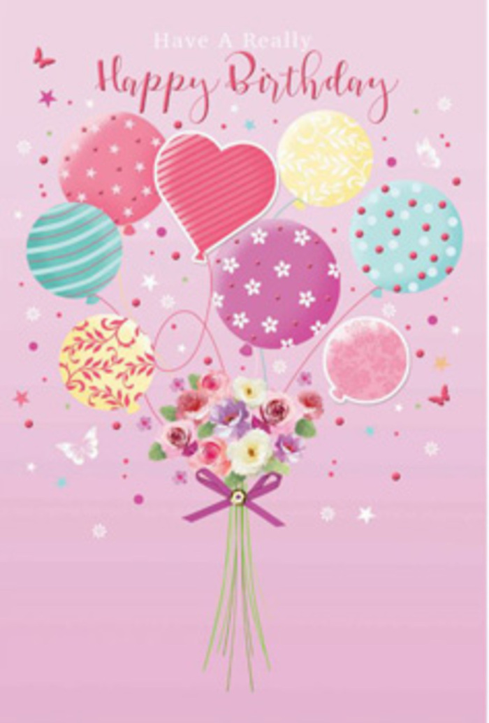 A gently jubilant birthday design unfolds against a blush pink canvas, reminiscent of the soft evening light falling over Pimlico's quiet terraces. In the middle of this tranquil background, a cluster of balloons floats upward, lifting a petite garden of flowers as if into the sky. The balloons glow in a palette of pale sunshine yellow, rose, fuchsia, and lavender, with touches of seafoam green weaving through. Each balloon bears an individual pattern: delicate stripes that curl like the paths through a small city square, tiny confetti-like dots, and stylised blossoms that echo the bouquet cradled beneath them. Their shiny surfaces catch glimmers of light, adding depth and a sense of movement. Below, gathered at the end of fine strings, is a hand-tied bouquet that feels intimate and lovingly arranged. Petite rose-like blooms and daisy-shaped flowers nestle together, their velvet petals shaded from cream to soft pink and deeper rose, as though brushed by first light streaming into a Pimlico flat. Tiny butterfly silhouettes and floating details dance around the composition, adding a whimsical note, as if the bouquet were at the centre of a quiet garden party suspended in time. A slender purple bow wraps the stems, its silky sheen contrasting with the natural softness of the petals. The overall impression is one of quiet happiness and affection, evoking the feeling of receiving a thoughtfully crafted birthday bouquet from a trusted local florist, delivered with care to a doorstep near St George's Square, bringing with it a gentle sense of celebration and being cherished.