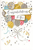 This congratulations card captures the feeling of a joyful gathering condensed into one graceful illustration, echoing the warm celebrations that unfold in Pimlico homes after someone's hard work pays off. At the centre, a bouquet of balloons floats upward in an easy, weightless arc, the shapes gently overlapping so they seem to jostle together with friendly energy. Their colours range from soft metallic gold and silver to champagne, sky blue, blush pink, and soothing grey, each balloon shaded to suggest a glossy, reflective surface that catches imaginary light. Delicate patterns embellish each one-fine stripes, scattered star motifs, and subtle glitter accents-evoking the sensation of textured foil details under your fingertips. Sleek gold and silver ribbons twist and curl down from the balloon cluster, their lines reminiscent of the ribbons tied to celebratory bouquets delivered by Flowers Pimlico around nearby streets and squares. Stretching across the centre is a flowing banner with the message Congratulations To You rendered in elegant calligraphy, the letters looping gracefully as if handwritten on high-quality card stock. Behind this central feature, the background remains calm and pale, sprinkled with tiny stars, swirling flourishes, and light dots of confetti that drift across the scene like the faint echo of a cheer. The composition feels bright yet refined, making the card a perfect companion to flowers sent across Pimlico for exam victories, promotions, new chapters, or any proud moment when you want your congratulations to feel as uplifting and luminous as the balloons floating across this charming design.