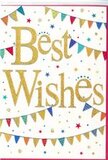 In this image, a vibrant congratulations card sits against a clean white background, its design conjuring the feeling of a small celebration unfolding on the page. Across the centre, the phrase Best Wishes is rendered in gleaming gold script, richly embossed so the letters appear gently raised. The gold surface has a light-catching shimmer, reminiscent of the sparkle from party decorations seen through the windows of Pimlico townhouses at dusk. Surrounding the message, arcs of multicoloured bunting sweep from side to side, as if strung from one corner of the card to the other. Each tiny triangular pennant is painted in cheerful shades-ocean blue, cherry red, leafy green, golden yellow, and playful pink-some featuring delicate spots or stripes that hint at a textured, hand-finished design. The bunting curves in relaxed lines, suggesting a soft breeze, like garlands swaying during a summer gathering near St George's Square gardens. Sprinkled throughout the white space are miniature stars and round confetti dots in coordinating colours, some in shimmering gold, others in bright, solid hues. They give the impression of confetti mid-flight, capturing the instant after it has been tossed to celebrate good news. Despite the abundance of colour, the design remains airy and uncluttered, with the crisp white background lending a modern, elegant touch. The mood is open, inclusive, and encouraging-perfect for congratulating someone on a move to a new flat, a promotion in nearby Victoria, or exam success. Paired with a bouquet delivered by Flowers Pimlico, this card would wordlessly communicate shared joy, pride, and warm support for the recipient's next chapter.