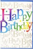 The birthday card in the image exudes an immediate sense of happiness, like stepping into a bright Pimlico living room just as guests are about to shout surprise. Dominating the front, the words Happy Birthday are written in big, smooth, blocky letters that seem to hover gently above the surface. Each letter is painted in a continuous rainbow gradient, starting with a rich cherry red, flowing through hot pink and plum, then passing into vivid blues and turquoises before warming into fresh greens and soft yellows, reminiscent of colourful party decorations strung along a Pimlico terrace near St George's Square. Subtle shading gives these letters a rounded, almost cushion-like appearance, adding depth and a soft sense of movement. Behind the bright message, the background is calm and creamy, its entire surface patterned with delicate golden handwriting that repeats Happy Birthday to you in fine, looping lines. The metallic ink catches and reflects the light with a gentle sparkle, like sunlight glancing off nearby Thames water. Here and there, tiny stars and specks of colour dot the design, suggesting scattered confetti that has settled after laughter and toasts. The composition is balanced and considered: bold, colourful typography paired with a refined, shimmering script backdrop. It feels both playful and elegant, suitable for all ages. One can easily imagine this card standing proudly beside a fresh birthday arrangement delivered in SW1-perhaps resting on a table near Lupus Street or brightening a windowsill close to Pimlico station-bringing a vivid visual chorus of Happy Birthday to the room every time someone walks past.