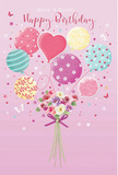 This whimsical birthday illustration captures the spirit of a light-hearted celebration in Pimlico, where pastel balloons and a dainty bouquet share centre stage against a soft pink backdrop. In the heart of the scene, a playful parade of balloons drifts upward, rendered in blush, mint, soft yellow, and lavender tones. Each balloon shows off its own personality: some swirl with candy-like stripes, others are scattered with lively polka dots, while one rounded balloon at the centre radiates warmth, reminiscent of a subtle heart. Their glossy surfaces reflect soft highlights, giving them the sense of gently bobbing in the air above tree-lined streets close to Warwick Way. Tethered to the cluster of balloons, fine strings descend into a carefully gathered bouquet of fresh flowers. Creamy ivory roses nestle beside anemone-style blooms in blush and gentle mauve, their petals appearing feathery and layered, suggesting a delicate, sweet fragrance. The stems are neatly bound by a violet satin bow, whose smooth, slightly shimmering loops add a polished finish. Tiny stars and butterfly-like accents are scattered throughout the composition, hinting at a touch of fairy-tale magic without overwhelming the calm elegance of the piece. The overall feel is airy and joyful, like a sunny birthday morning when a surprise delivery arrives from a nearby Pimlico florist. This image translates the delight of receiving a thoughtful bouquet into a soft, floating moment of colour, texture, and quiet happiness, perfectly suited to mark a birthday that should feel bright, cherished, and unforgettable.