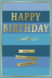 A tastefully understated birthday card in cool blues and luminous gold is pictured as though resting on a tidy hall table in a Pimlico flat, waiting to be opened. The background is made of wide, horizontal blue stripes, each a slightly different tone-from dark navy and stormy ocean hues through denim and softer sky blues to faint traces of teal-creating a soothing ombré effect that feels both modern and calming. Set squarely in the centre, the phrase HAPPY BIRTHDAY is embossed in bold, uppercase gold foil. The letters are raised, giving them a tactile presence you can almost feel, and the metallic finish catches the light in polite glints, like the reflection of streetlamps on the river nearby. Below this main message lies a decorative golden flourish, a slim, curling accent that adds a subtle touch of classic elegance. At the lower portion of the card, three slender gold banners are carefully stacked, each one bearing part of an inviting message: Relax, have a great day and enjoy! The words unfold gently from one ribbon to the next, encouraging an unhurried, comforting celebration-perhaps a quiet dinner at home or a peaceful walk through nearby gardens. A delicate gold line traces a frame around the entire card, neatly containing the blue stripes and golden details. The card stock appears smooth and slightly matte, allowing the foil accents to stand out with quiet sophistication. Imagined alongside a vase of fresh birthday blooms delivered across Pimlico, this card sends a message of warmth, rest, and thoughtful appreciation in a beautifully balanced design.